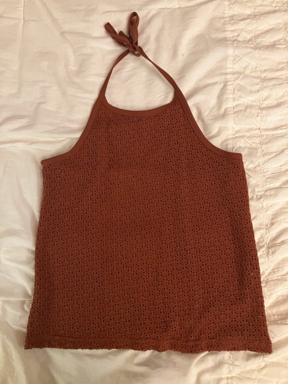 Rust colored Gap halter tank with lace overlay
